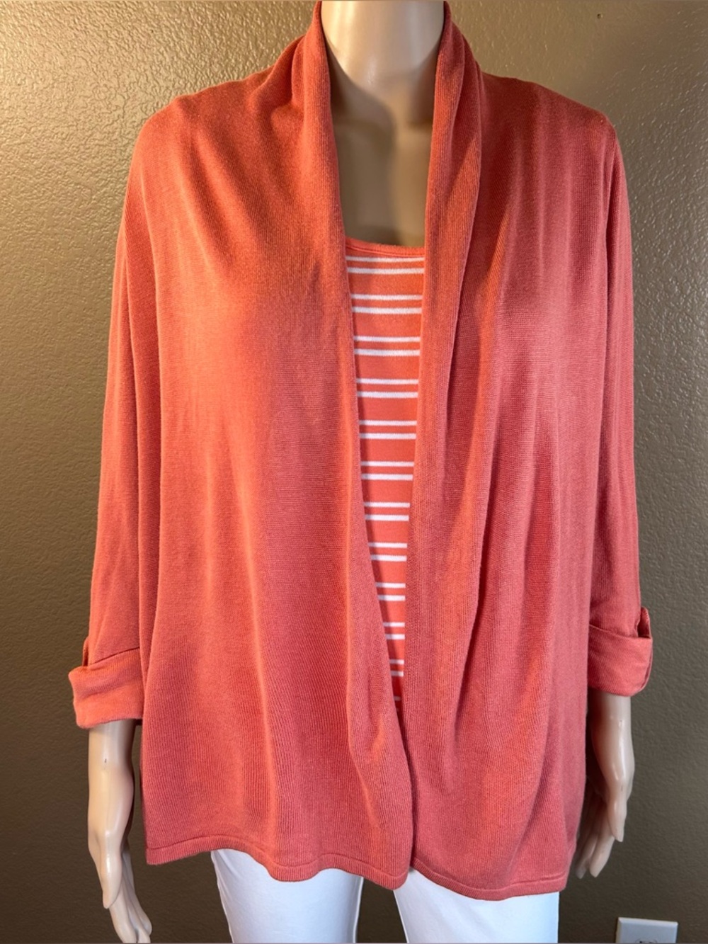 Joan Vass Studio Womens Open Front Cardigan Coral Draped Lightweight Size Medium